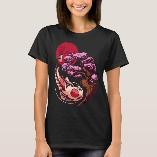 Camiseta Peixe Koi Carpa Yin Yang Árvore Bonsai Lua Arte Ja (Frente)