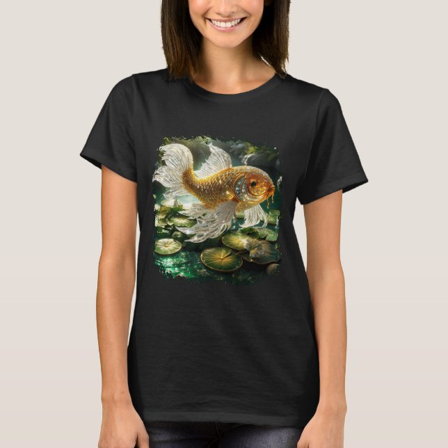 Camiseta Peixe Koi de Cristal Branco e Dourado (Frente)