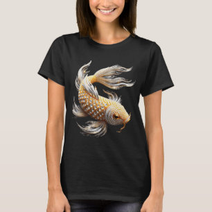 Camiseta Peixe Koi de Cristal Diamante Branco e Dourado