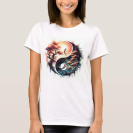 Camiseta Peixe Koi e Flor de Cerejeira Yin Yang