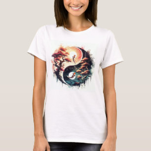 Camiseta Peixe Koi e Flor de Cerejeira Yin Yang