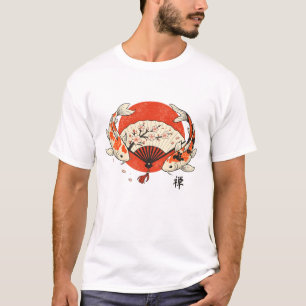 Camiseta Peixe Koi Japonês Tradicional Fã Sakura Estético