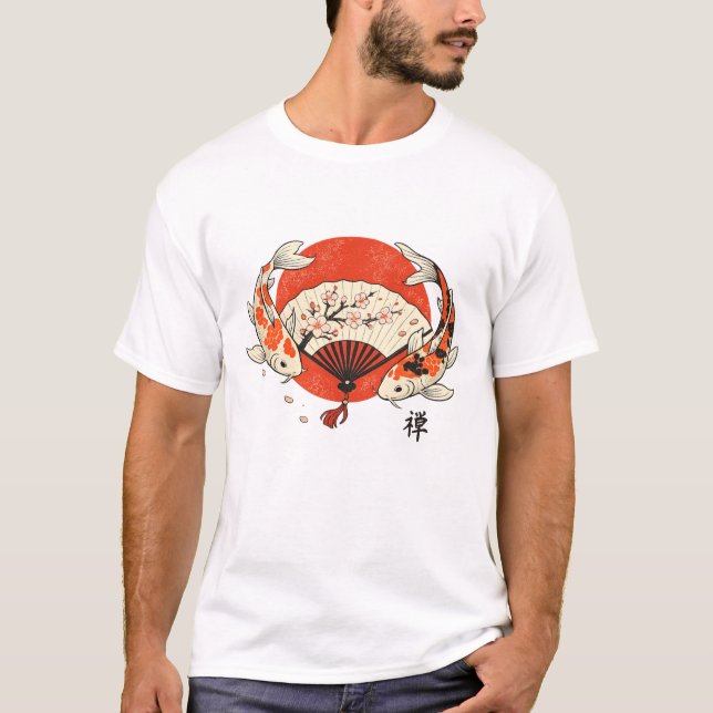 Camiseta Peixe Koi Japonês Tradicional Fã Sakura Estético (Frente)
