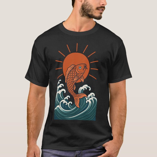 Camiseta Peixe Koi Onda Sol Estilo de Arte Japonês Sorte Fo (Frente)