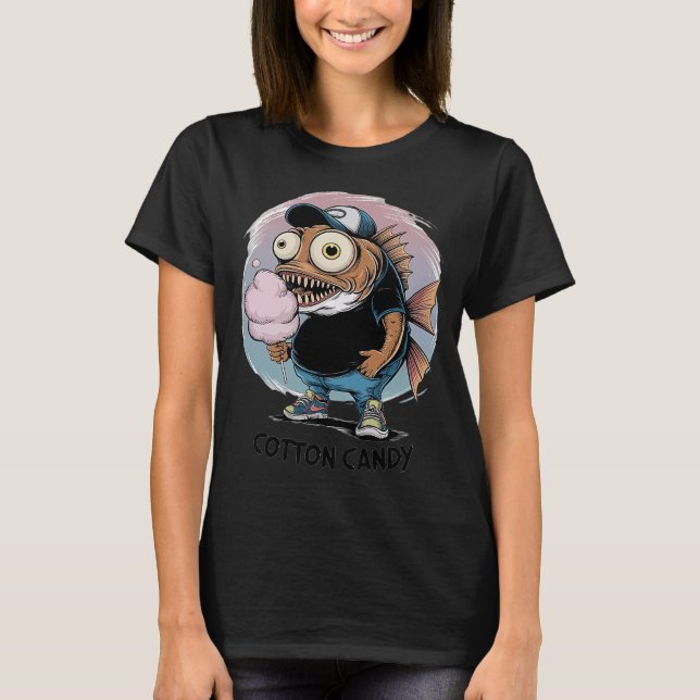 Camiseta Peixe Monstro Engraçado Comendo Algodão Doce â€“ E (Frente)
