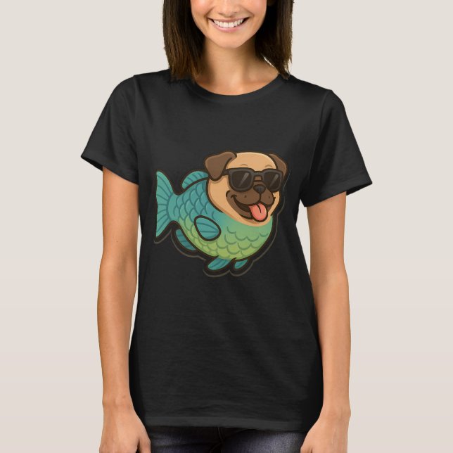 Camiseta Peixe Papagaio com Cabeça de Pug Engraçado (Frente)