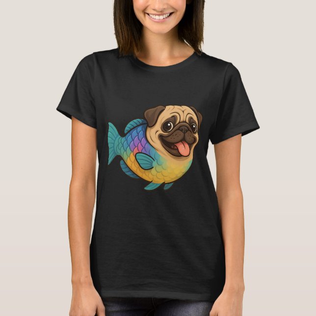Camiseta Peixe Papagaio Engraçado com Cabeça de Pug (Frente)