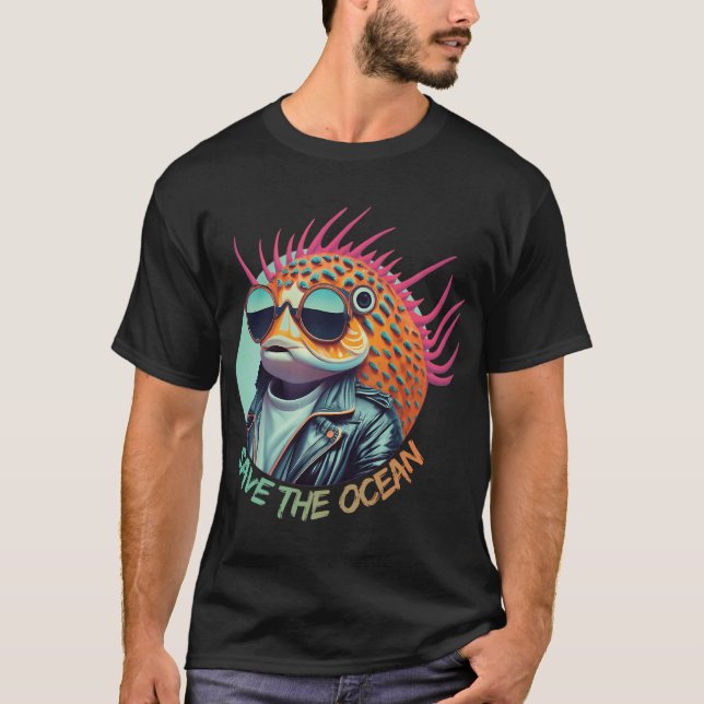 Camiseta Peixe puffer e peixe manchado de óculos de sol (Frente)