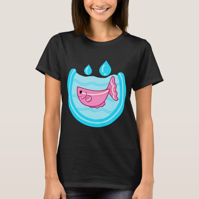 Camiseta Peixe Rosa na Água Azul com Gotículas (Frente)