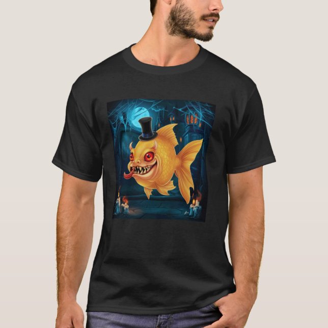 Camiseta Peixe Sinistro Colorido Com Design De Halloween De (Frente)