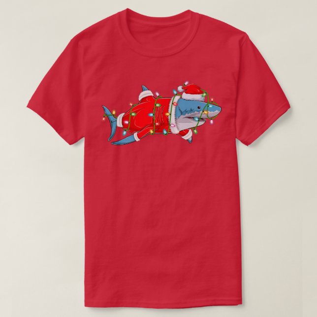 Camiseta Peixe-Tubarão Sobre as Luzes de Natal Papais noeis (Frente do Design)