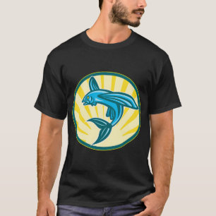 Camiseta Peixe Voador Saltando Xilogravura Retro