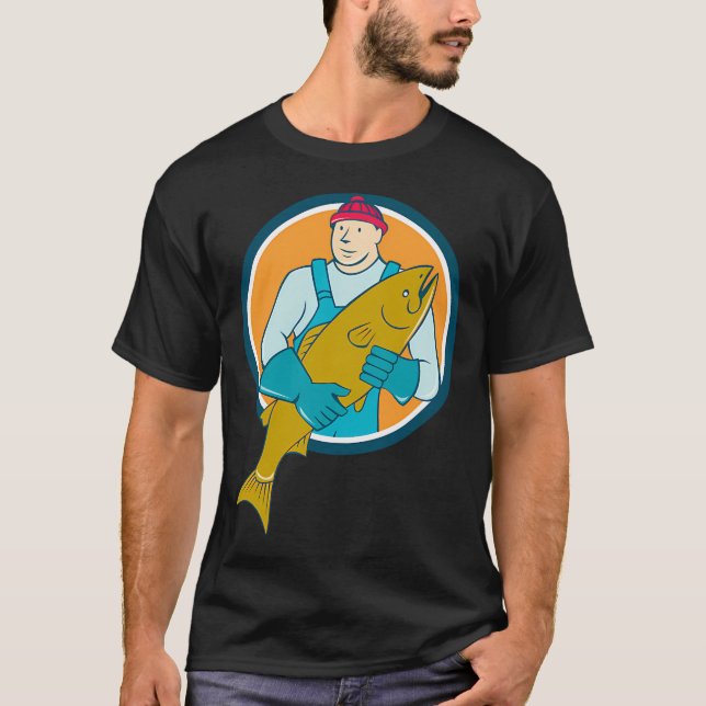 Camiseta Peixeiro Salmão Peixe Círculo Cartoon (Frente)