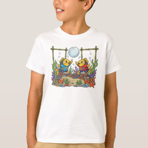 Camiseta Peixes Amarelos Fofos Jogando Esportes de Bolha Oc