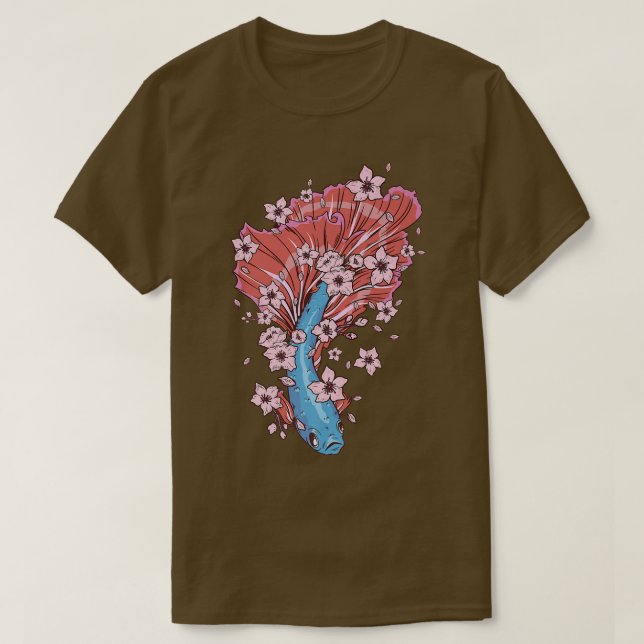 Camiseta Peixes Betta com peixes de combate siameses e Saku (Frente do Design)