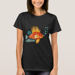 Camiseta Peixes bolhas coloridas mar oceano aquarela esboço