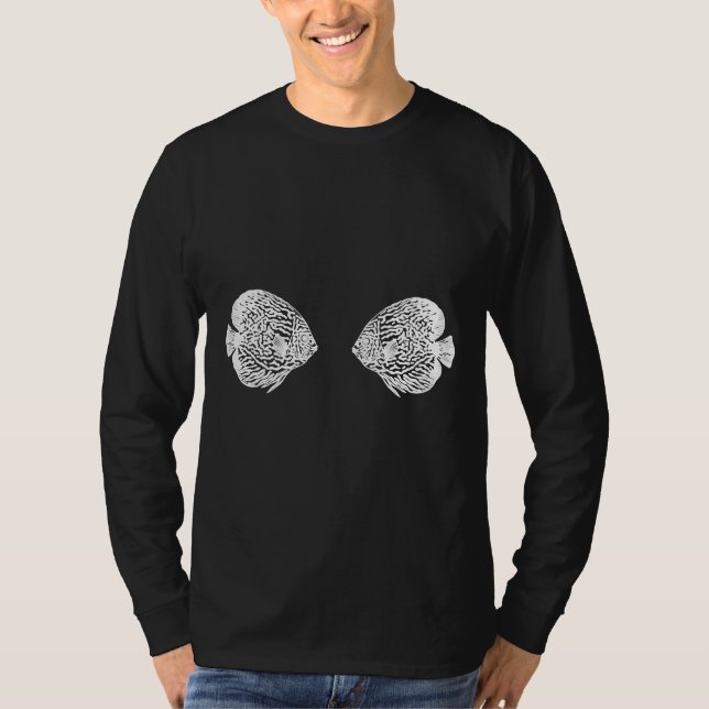 Camiseta Peixes De Disco Apaixonados Desenhando Em Azul Mar (Frente)
