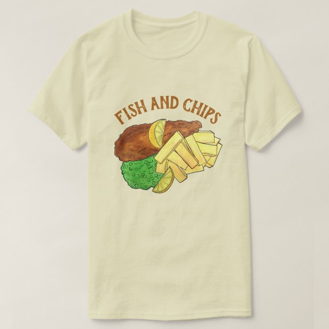 Camiseta Peixes e Chips - Comida do restaurante britânico P (Frente do Design)