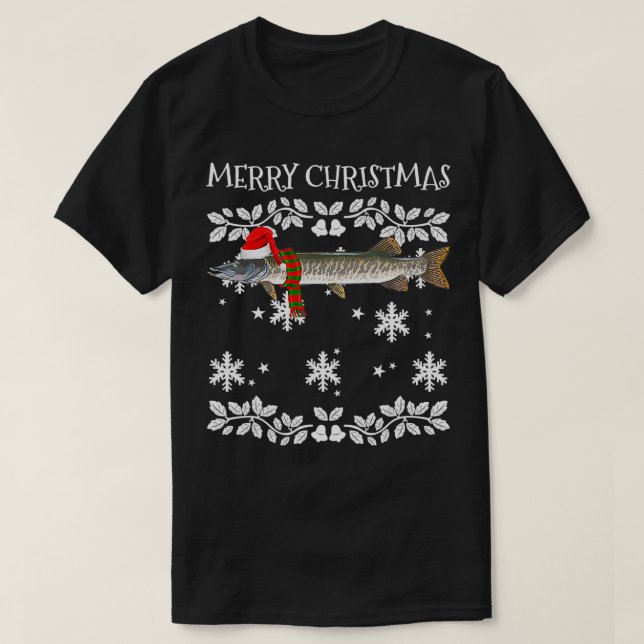 Camiseta Peixes Feliz Ornamento de Natal Musky Ugly Xmas (Frente do Design)