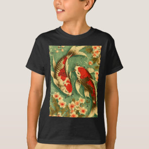 Camiseta Peixes Koi Japoneses Flores de Cerejeira Sakura Ar