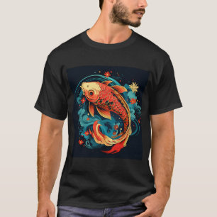 Camiseta peixes koi japoneses modernos com flores colorido