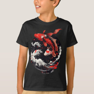 Camiseta Peixes Koi Japoneses – Ondas Vermelhas e Pretas