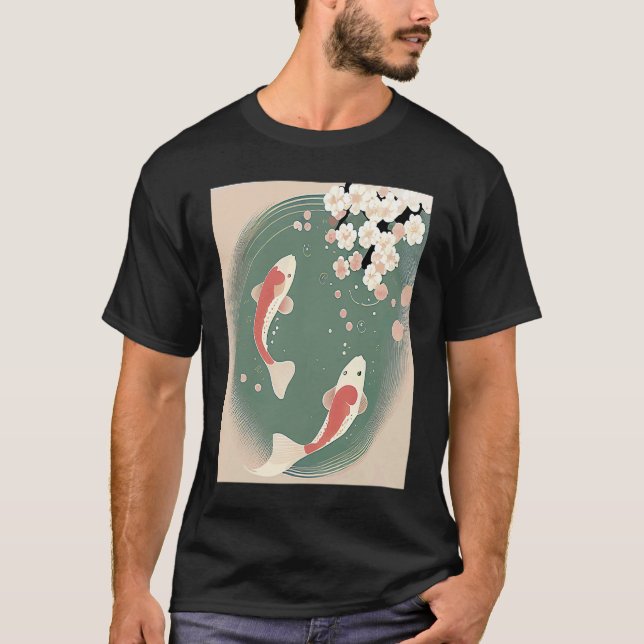 Camiseta Peixes Koi nadando em lagoa com flor de cereja (Frente)