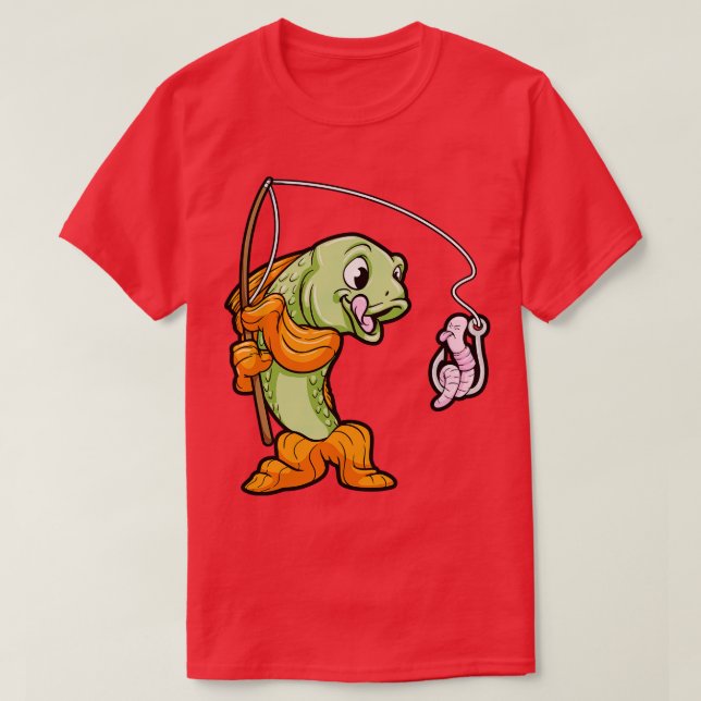 Camiseta Peixes na pesca com vara de pesca e (Frente do Design)
