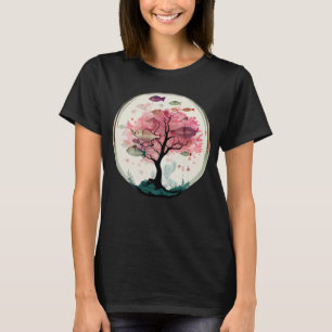 Camiseta Peixes nadando com cerejeira florescendo coral deb