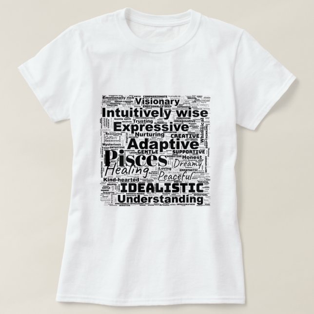 Camiseta Peixes Palavra Nuvem Zodiac Inspiração T-Shirt (Frente do Design)