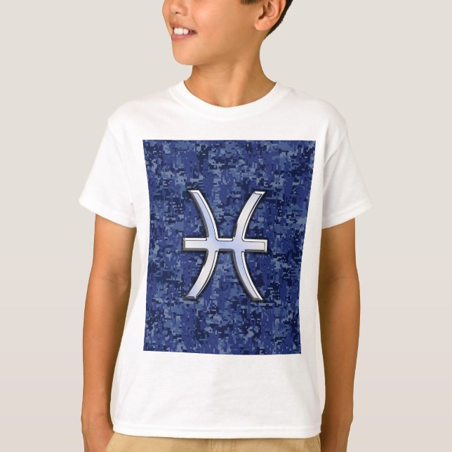 Camiseta Peixes Símbolo Zodiac no Camo Digital Azul Marinho (Frente)