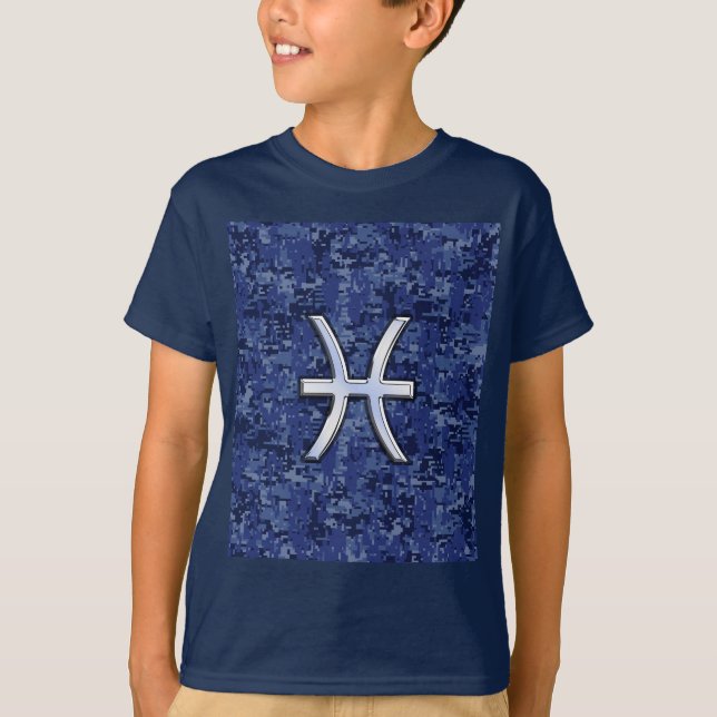 Camiseta Peixes Símbolo Zodiac no Camo Digital Azul Marinho (Frente)