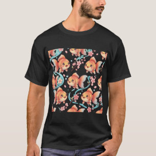 Camiseta Peixinho Dourado Flor de Cerejeira Kawaii Laranja