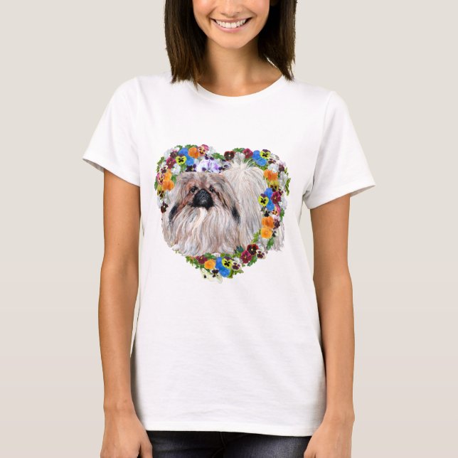 Camiseta Pekingese num Coração Floral (Frente)