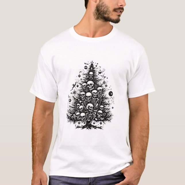 Camiseta Peles e ossos de árvores de Natal pretas (Frente)