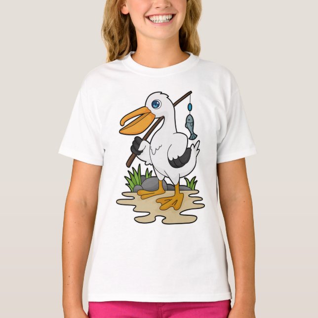 Camiseta Pelicano como pescador com cana de pesca e peixe (Frente)