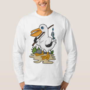 Camiseta Pelicano como pescador com cana de pesca e peixe