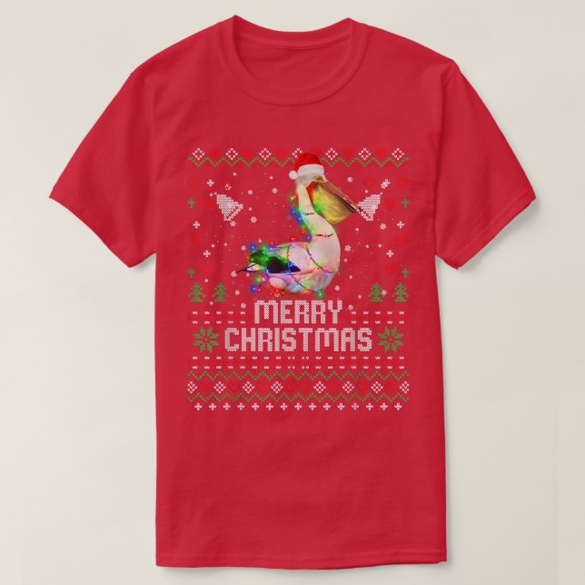 Camiseta Pelicanos Santa Hat Festa de Natal Animal Luzes Ho (Frente do Design)