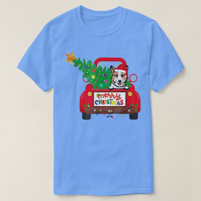 Camiseta Pembroke Welsh Corgi Dog Riding Red Truck Christma (Frente do Design)