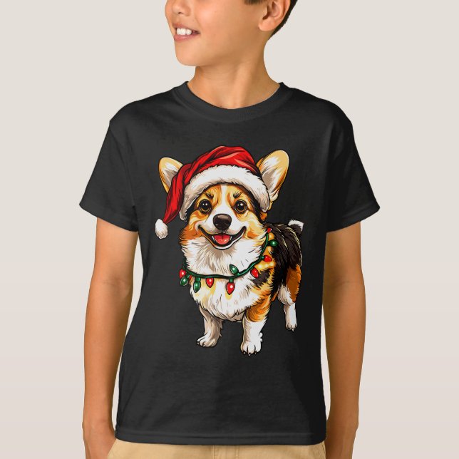 Camiseta Pembroke Welsh Corgi Santa Christmas Tree Lights X (Frente)