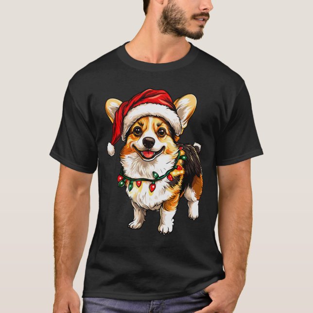 Camiseta Pembroke Welsh Corgi Santa Christmas Tree Lights X (Frente)