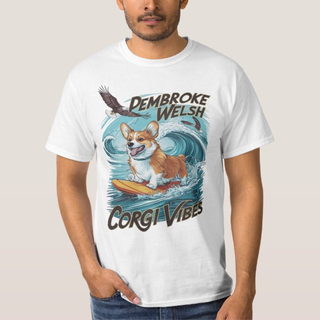 Camiseta Pembroke Welsh Corgi Surfer Tackles Onda Epic (Frente)