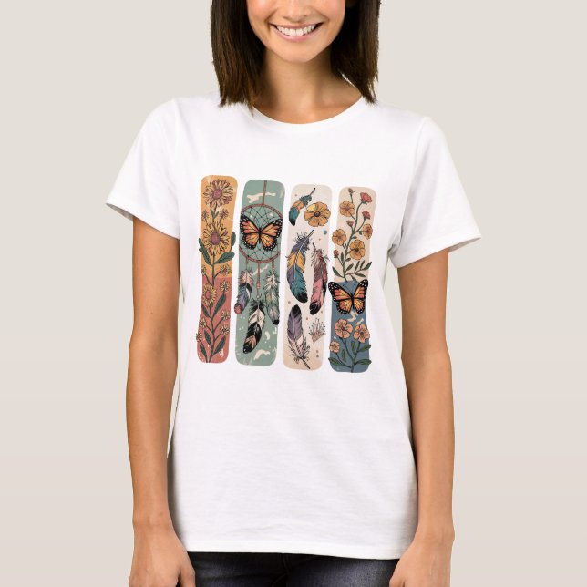 CAMISETA PENA BOHO PASTEL E GIRASSÓIS AMARELOS (Frente)