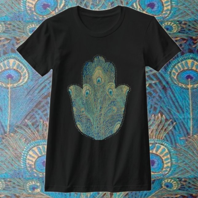Camiseta Pena de Pavão Hamsa Judaica Boho (Criador carregado)