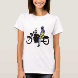 Camiseta Penas Azuis e Amarelas numa Corrida de Motocicleta