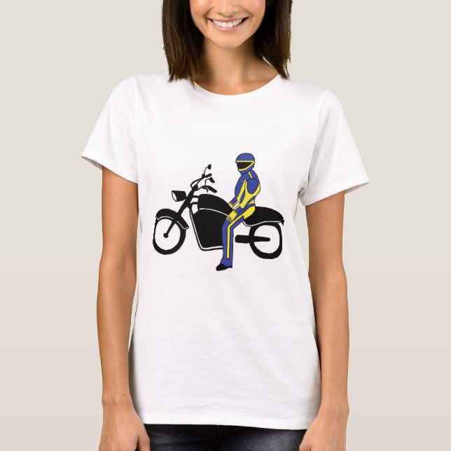 Camiseta Penas Azuis e Amarelas numa Corrida de Motocicleta (Frente)