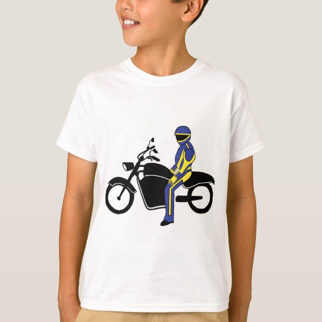 Camiseta Penas Azuis e Amarelas numa Corrida de Motocicleta (Frente)