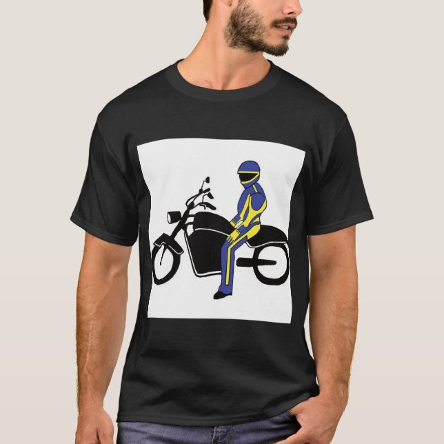 Camiseta Penas Azuis e Amarelas numa Corrida de Motocicleta (Frente)