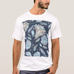 Camiseta Penas Chic Boho Flores: Azul Escuro-Aquarela P