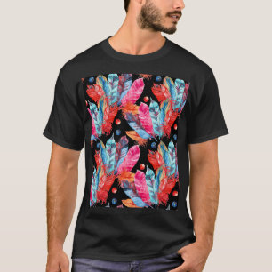 Camiseta Penas coloridas, boho, sem costura, vibrante.